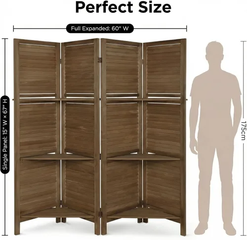 Miniatura 2 de Bluecat Divisor de habitación de 4 paneles con estantes, pantalla de privacidad plegable de 64 pulgadas de ancho x 67 pulgadas de alto, pared