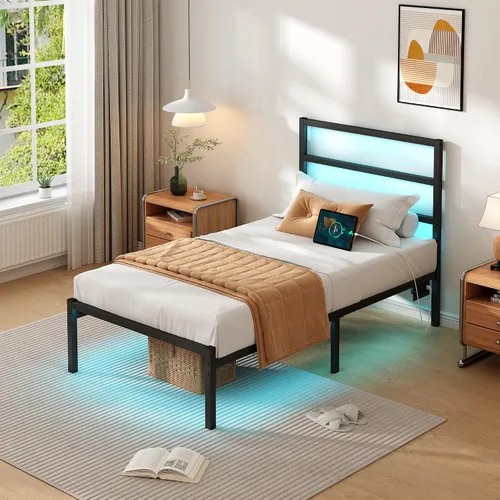 Miniatura 3 de CLIBFENG Base de cama individual con cabecero, soporte de listones de acero resistente, marco de cama LED con estación de carga USB, base de colchón