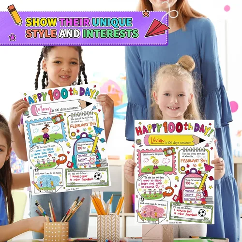 Miniatura 6 de Hedeey Póster para colorear con texto en inglés «Happy 100th Day of School» para niños, estudiantes, suministros para el aula