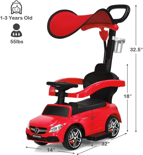 Miniatura 8 de HONEY JOY Auto de empuje para montar pie a suelo, con toldo y asa, portavasos, bocina, almacenamiento debajo del asiento, autos de empuje Mercedes