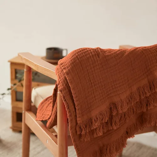 Miniatura 7 de Simple&Opulence Manta de muselina de algodón para cama, sofá, manta de gasa tejida de punto con borlas, suave, ligera, acogedora, prelavada