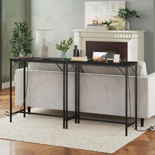 Miniatura 4 de HOOBRO Mesa de bar con estación de carga, mesa de pub rectangular, mesa de café alta, mesa de bar de altura de mostrador, mesa de comedor estrecha