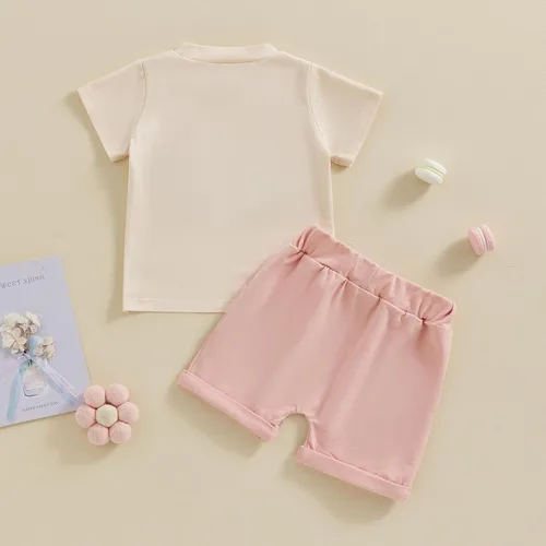 Miniatura 3 de Conjunto de 2 piezas de ropa para bebé niña pequeña con letras bordadas, camiseta y pantalones cortos para correr