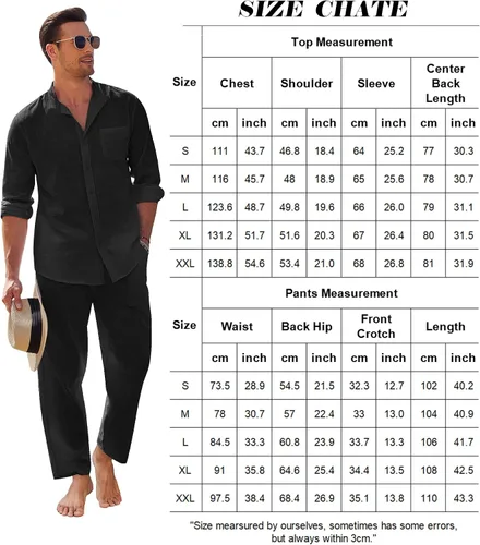 Miniatura 6 de COOFANDY Conjuntos de lino para hombre, 2 piezas, camisa de manga larga con botones y pantalones casuales de playa con cordón en la cintura, trajes