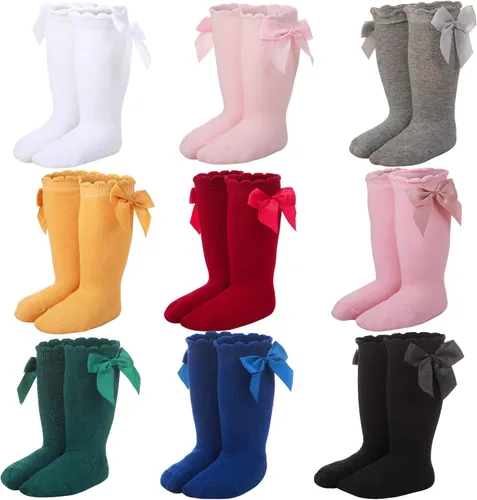9 pares de calcetines hasta la rodilla para bebé con lazo de punto para niña, calcetines largos de tubo de algodón para bebé recién nacido, 9 colores