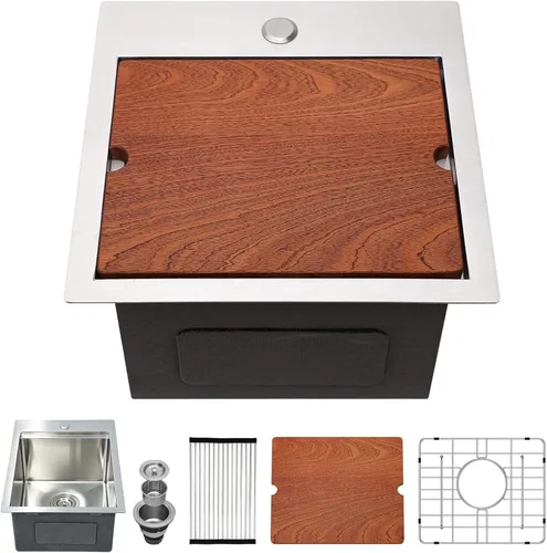 Miniatura 44 de Kichae Fregadero de Cocina de 21x20 Pulgadas, Fregadero de Barra Pequeño, Fregadero de Acero Inoxidable, Montaje Superior, Montaje Inferior