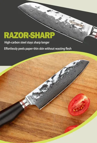 Miniatura 6 de YOUSUNLONG Santoku - Cuchillo japonés de 5 pulgadas, 67 capas, acero de Damasco martillado con madera de plomo natural Ebany