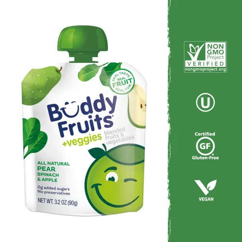 Miniatura 3 de Buddy Fruits & Veggies Snacks To Go Pear Espinacas Puré de manzana sin azúcar Bolsa de 3.2 oz (18 unidades) Gluten-Nut-Conservantes lácteos-Libre