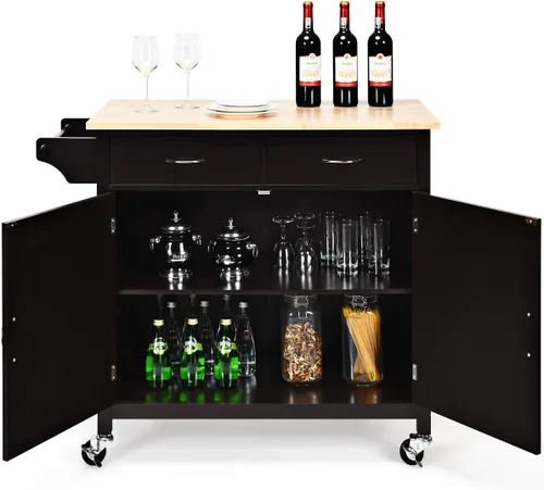Miniatura 3 de Giantex Isla de cocina, carrito de cocina rodante, encimera de madera, carrito de servicio utilitario con armario de almacenamiento y 2 toalleros