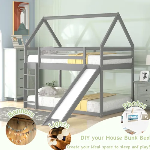 Miniatura 3 de Harper & Bright Designs - Litera de casa individual sobre cama individual con tobogán para niños y niñas, litera de piso de madera con techo y Gris