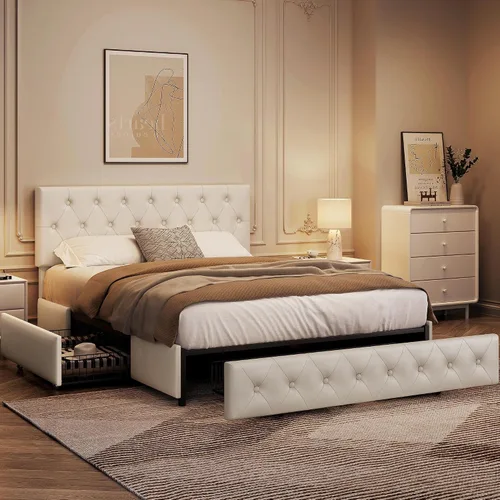 Miniatura 12 de Topeakmart Base de cama de plataforma tapizada tamaño Queen con cabecera ajustable en altura y 3 cajones de almacenamiento, base de colchón de piel
