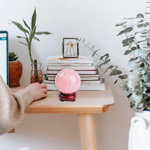 Miniatura 4 de JIC Gem Bola de Cristal Curativo Mágico de Cuarzo Rosa Natural de 2.9 Pulgadas Esfera Ornamental con Soporte de Madera para Decoración, Meditación