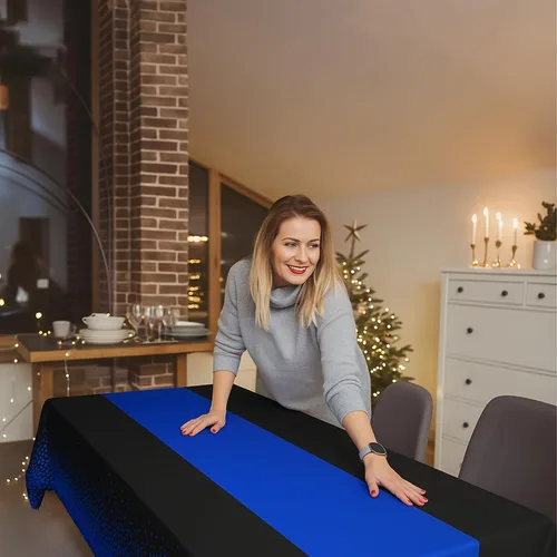Miniatura 5 de Manteles de plástico desechables 2 en 1 de 54 x 108 pulgadas, mantel rectangular de cocina con lunares negros y azules, para boda, cumpleaños, baby