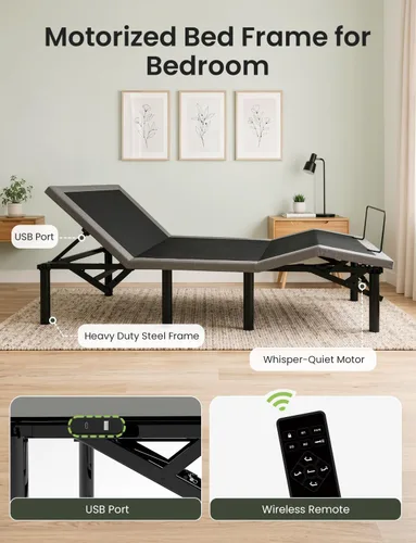 Miniatura 3 de Mixcous Base de cama ajustable de tamaño matrimonial con puertos USB, base de cama eléctrica con control remoto inalámbrico, diseño plegable de 3