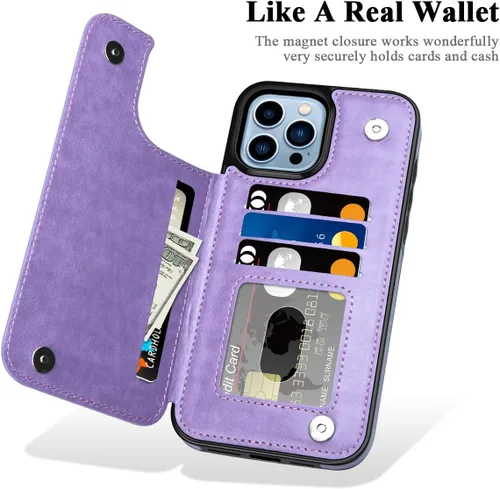 Miniatura 3 de MMHUO Funda protectora para iPhone 15 Pro Max con tarjetero y botones magnéticos de flores para mujer, color morado Púrpura