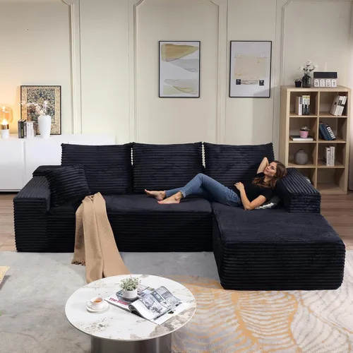 Miniatura 10 de Sofá seccional modular de 96", sofá en forma de L tipo nube sin estructura con chaise lounge, tapizado de pana con asiento profundo de espuma Negro