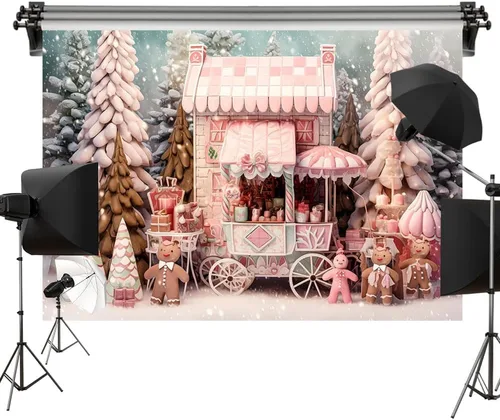 Kate Telón de fondo de Navidad rosa nevado de 6.5 x 6.5 pies para carro de tienda de árbol de Navidad, hombre de jengibre, fondo de tela impresa,