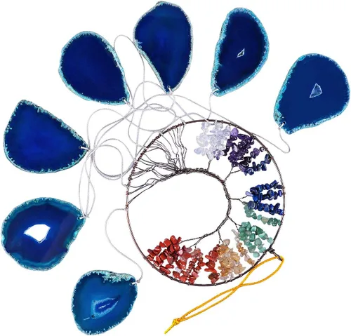 Miniatura 4 de TUMBEELLUWA Colgante de pared con cristales curativos de 7 chakras, árbol de la vida, rebanadas de ágata, adorno colgante de piedras preciosas