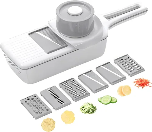 ZKIRON Cortador de mandolina para cocina con caja de drenaje, cortador de verduras de 6 hojas con protector de seguridad, cortador de papas,