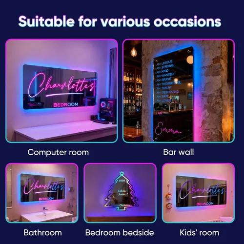 Miniatura 4 de VEELU Espejo con nombre personalizado iluminado para decoración de pared LED para habitación de niñas, letrero de neón con nombre personalizado, luz
