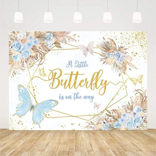 Miniatura 2 de AIBIIN Telón de fondo bohemio de mariposa para baby shower, de 7 x 5 pies, con texto en inglés "A Little Butterfly is on the Way", fondo de Azul