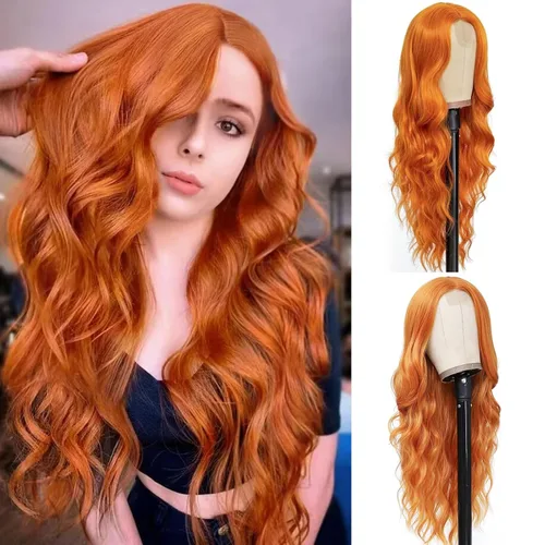 Miniatura 10 de Peluca de cabello sintético ondulado rojo con raya en el medio, peluca de encaje ondulado natural rojo de 24 pulgadas para mujer, para uso diario