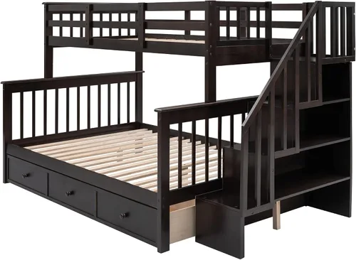 Miniatura 3 de Literas de escalera individual sobre matrimonial con escaleras de almacenamiento de 4 escalones y cajones debajo de la cama, color espresso