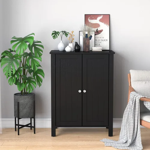 Miniatura 4 de Tangkula Armario de suelo de baño, con puerta doble y estante ajustable, gabinete de almacenamiento de baño de madera de 3 niveles para oficina
