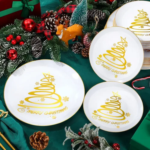 Miniatura 3 de EBOOT 60 piezas de platos de Navidad, platos de plástico de árbol de Navidad redondos desechables para postre y cena, suministros para fiesta