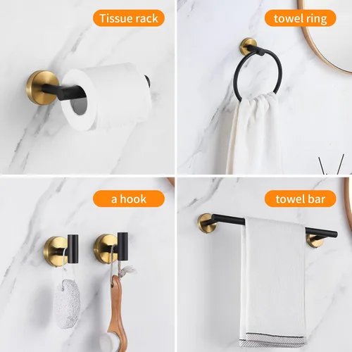 Miniatura 8 de Juego de accesorios de baño Hinmood Negro y Oro, juego de toallas que incluye 2 barras de toalla de 16 pulgadas, 2 soportes de papel higiénico, 2