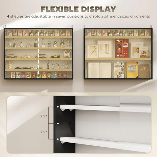 Miniatura 4 de HOMCOM Vitrina de 5 niveles, armario de puerta de vidrio con estantes ajustables, vitrina de pared para sala de juegos, dormitorio, blanco y negro