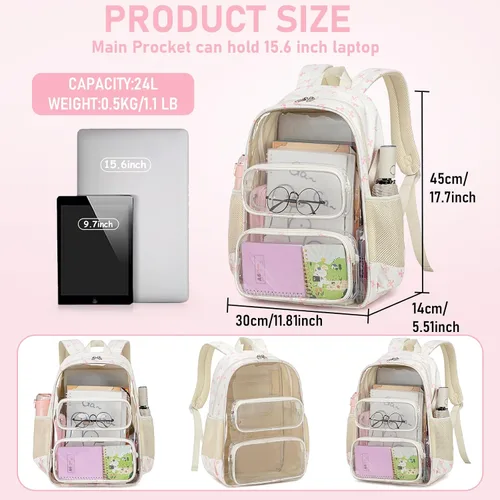 Miniatura 175 de CAMTOP Mochila transparente resistente y transparente para estudiantes, escuela, trabajo, festival, viajes, deportes, Beige, Mediana, Camtop Mochila