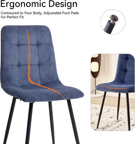 Miniatura 5 de Juego de 4 sillas de comedor de pana, modernas sillas de cocina tapizadas de tela con patas de metal, almohadillas ajustables, color azul