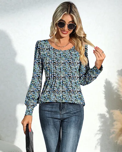 Miniatura 3 de Blusa plisada de manga larga abombada para mujer, cuello redondo, elegante, casual, holgada, para verano y otoño