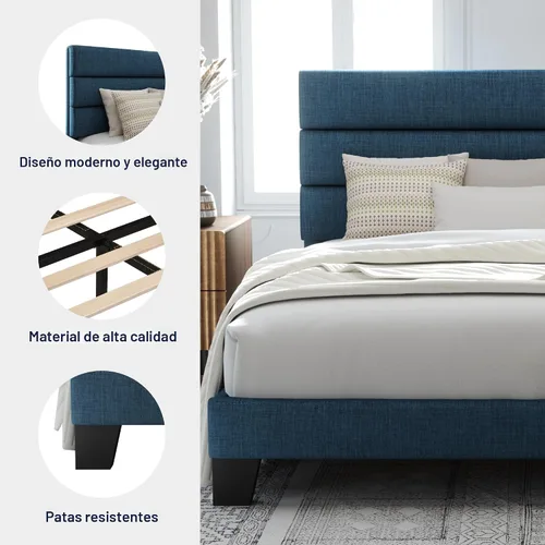 Miniatura 6 de Allewie - Base de cama de plataforma matrimonial con cabecera tapizada de tela y soporte de listones de madera, base de colchón totalmente tapizada