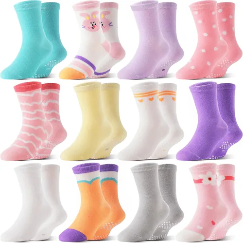 Miniatura 6 de Welwoos Calcetines de algodón transpirable para bebés y niñas pequeñas, 12 pares de calcetines antideslizantes antideslizantes de animales