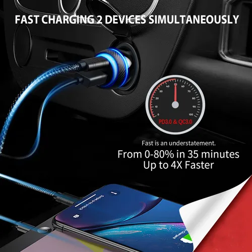 Miniatura 3 de Paquete de 2 cargadores de coche PD rápidos para iPhone 17/16/15, [USB C PD/PPS y USB A QC3.0] Adaptador de encendedor de cigarrillos de coche súper
