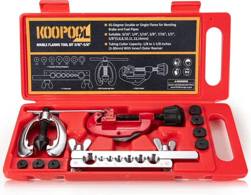 KOOPOOL Kit de Herramientas de Abocinación Doble y Simple para Líneas de Frenos Sistema HVAC con Cortador de Tubos, 7 Adaptadores Adicionales,