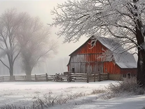 Pintura de diamantes, árbol de nieve, niebla, granero rural, granero, kit de invierno para adultos, pintura de diamantes por números, arte de gemas