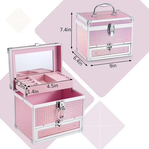 Miniatura 7 de Hododou Joyero organizador para niñas con cajón y espejo estuche de almacenamiento con cerradura estilo rosa brillante para niños o niñas pequeñas