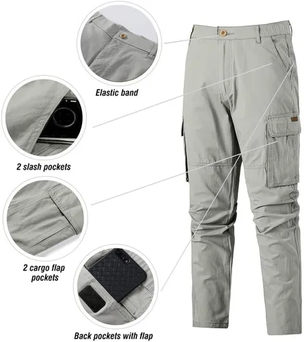 Miniatura 5 de JMIERR Pantalones cargo para hombre, casuales, de algodón, ajuste relajado, cintura elástica, ligeros, con múltiples bolsillos