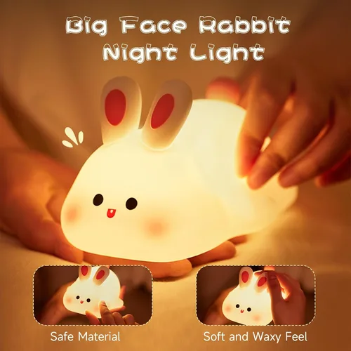 Miniatura 6 de Luz Nocturna de Conejo de Cara Grande, Adorable Lámpara Nocturna LED de Conejito, Luz Nocturna de Guardería de Silicona Regulable para Niñas, Luces