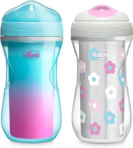 Chicco Vaso para sorber aislado de doble pared con boquilla de borde a prueba de mordeduras y tapa sin derrames, 9 onzas. Apto para lavavajillas en