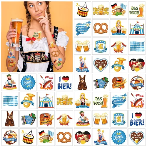 Miniatura 3 de HOWAF Tatuajes temporales para el Oktoberfest, 72 tatuajes falsos para niños, calcomanías impermeables para suministros de festivales de cerveza