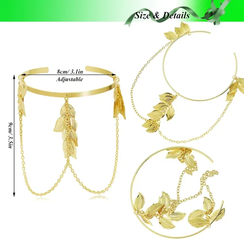 Miniatura 6 de RechicGu 2 piezas de cadena de plumas de hojas con borlas de pulsera, brazalete de brazo abierto, parte superior abierta, conjunto ajustable