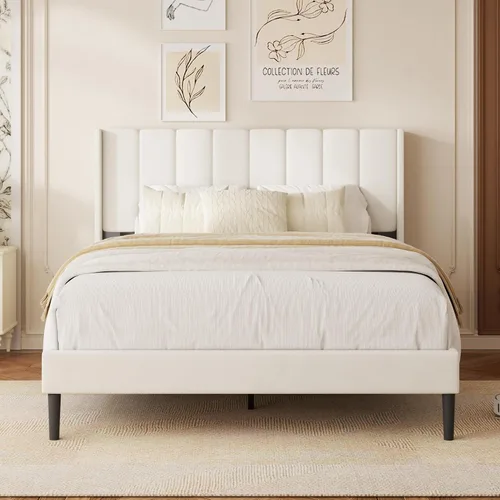 Base de cama tamaño Queen con cabecero vertical Chanel acolchado y respaldo de alas, cama de plataforma tapizada, listones de madera fuertes, fácil