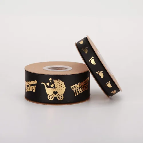 Miniatura 7 de Meseey 2 rollos en total de 20 yardas de cinta de bienvenida para bebé, cintas negras y doradas con estampado de pies para manualidades, pasteles