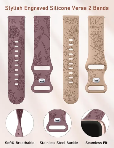 Miniatura 3 de Minyee Paquete de 2 correas con grabado floral compatibles con Fitbit Versa 2/Fitbit Versa/Versa Lite para mujeres, linda correa deportiva