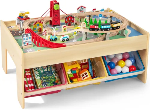 Miniatura 12 de Mesa de Tren INFANS, Juego de 80 Piezas de Madera para Niños con Juego de Actividad Reversible y Desmontable, Pistas, Tren, Ferrocarril, Ciudad