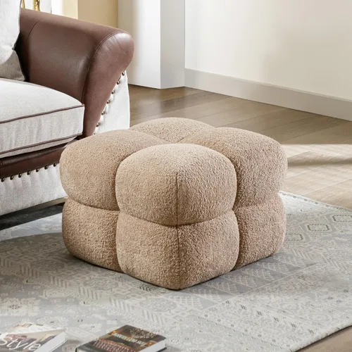 Miniatura 11 de ONEVOG Otomana moderna beige, puf otomana cuadrado divertido de 21 pulgadas, reposapiés tapizado de tela de lino, mesa de centro pequeña